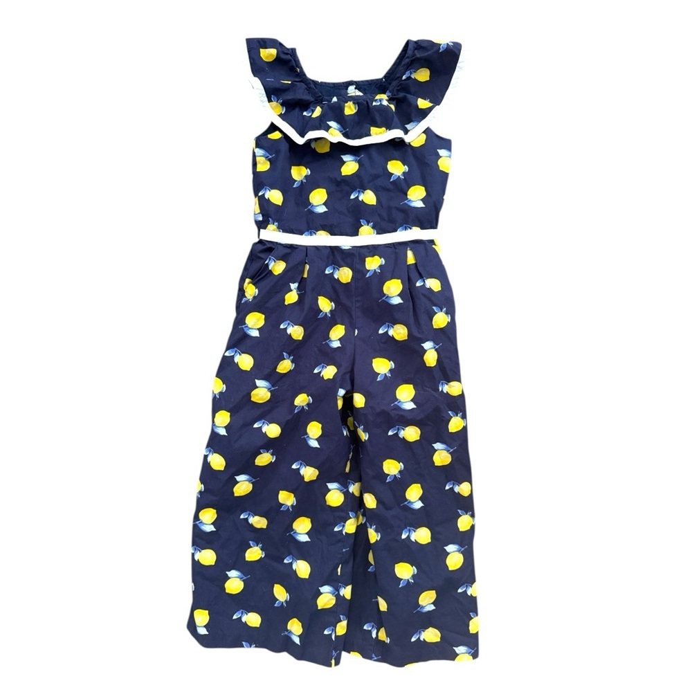 Janie and Jack Girl’s Jumpsuit Size 6 Navy Blue Yellow Lemon Print Sleeveless - Picture 2 of 4